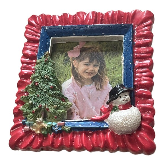 Vintage Christmas Photo Frame Tree Snowman Toys Ornament Magnetic Memory Frame - Picture 1 of 2
